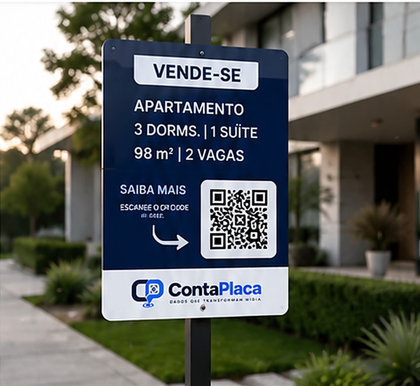 Placa de VENDE-SE com QR Code ContaPlaca instalada na frente de um imóvel