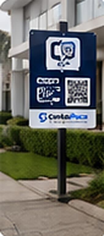 Placa fixa de imóvel com QR Code na calçada em frente a uma casa
